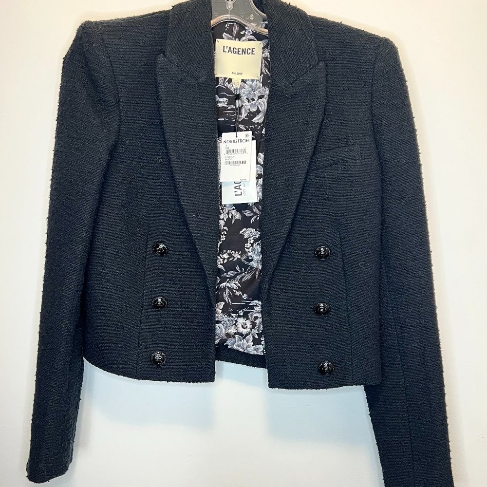 BNWT L'AGENCE Brooke Double Breasted Crop Cotton Blend Black Blazer